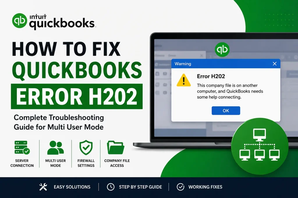 QuickBooks Error H202 troubleshooting guide showing multi user mode connection issue on computer screen with server, firewall, and company file access icons.