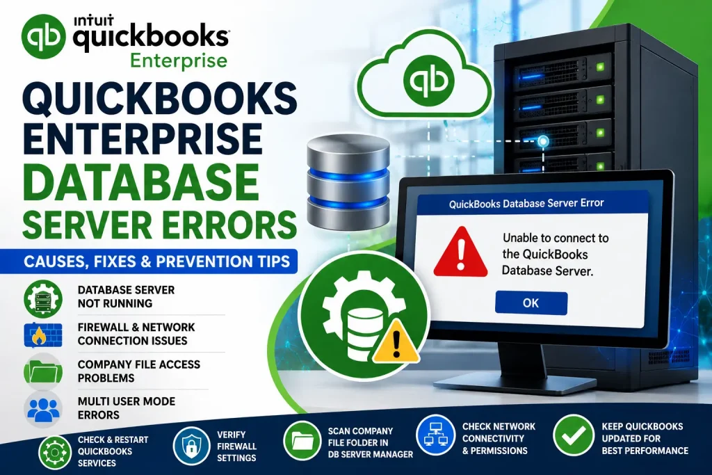 QuickBooks Enterprise Database Server errors troubleshooting guide showing server connection issues, database services, network communication, and multi user mode fixes.